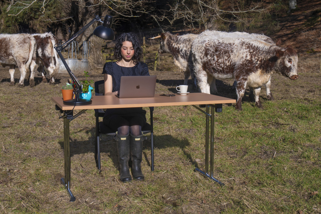 Tech PR Photography of remote office in a rural cow field