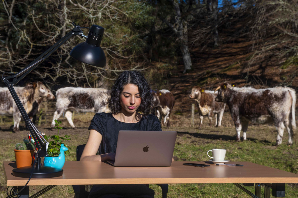 Tech PR Photography of remote office in a rural cow field